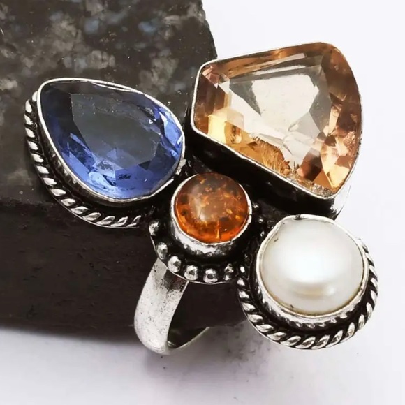 Jewelry - #369 Amethyst, Amber, Pearl Handcrafted Ring 💍 Size 9 NWOT